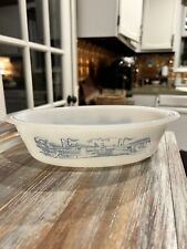 Vintage Glasbake BLUE CURRIER & IVES Casserole Dish Milk Glass Steamboat picture