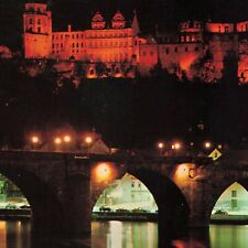 Heidelberg Germany Bridge Castle Chrome Water Boat Night Medieval Postcard picture