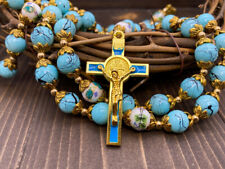 Saint St Benedict Turquoise Rosary Beads Catholic Necklace Flowers Mystery Beads picture