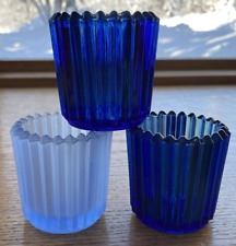 Lot Of 3 Ribbed Vintage Indiana Glass Votive Candle Holders Blue Frosted picture