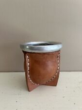 Yerba Mate Argentina Brown Leather Gourd Tea GLASS Cup Silver Metal Rim picture