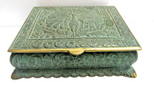 Antique Green Embossed Brass Cigarette Trinkett Box Case Wood Lined  Peacock picture