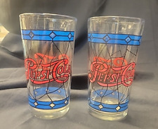 2 Pepsi Cola Glasses Vintage 1970's Tiffany Style Raised Stained Glass Tumblers picture