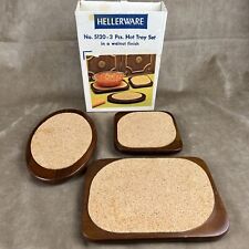 Vintage MCM Hellerware Wooden Footed Trivets w Cork ~Set of 3 Hot Tray Set picture