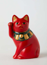 Japanese Hand Painted Lucky Cat SETO Maneki Neko 12cm Red Sit-Sideways Ceramics  picture