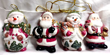 4 Xmas Ornament Porcelain 2 Snowmen & 2 Santa Stand or Hang Ceramic Glitter picture