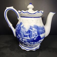 Tea Pot Cracker Barrel White Porcelain with a Blue Winter Homestead Scene picture