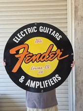 LARGE VINTAGE  FENDER ELECTRIC GUITARS PORCELAIN SIGN 29" NICE DEALER STORE SIGN picture