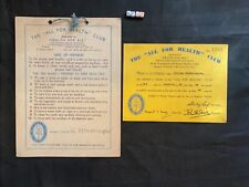 Antique 1940s ALL.FOR HEALTH CLUB CERTIFICATE AND WINDOW DISPLAY CARD picture