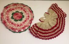 Vintage Crochet Gathered Doily & Bottle Dress Red Pink Cream Rose picture