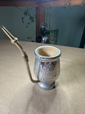 Vintage Silver Metal Yerba Mate Cup with built in Bombilla picture