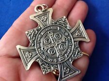 Rare ST BENEDICT Protection Saint Medal Silver Tone Oxidized Metal Large  picture