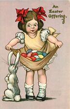 Tuck Easter Postcard 130 Katherine Gassaway, Rabbit & Girl w/Skirt full of Eggs picture