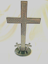 X-Large Egyptian Handmade Inlaid Wooden Triple Cross on Stand 20.5