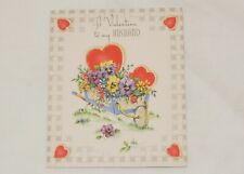Vintage used Valentine's Day Greeting Card flowers in wheelbarrow to husband picture