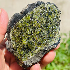 430g Rare Natural Uncut Green Rough Peridot Olivine & Basalt Crystal Specimen picture