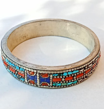 Ancient Victorian Big Silver Color Cuff Bracelet Amazing With Turquoise Stones picture