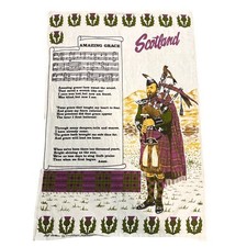 Linen Tea Towel Souvenir of Scotland Kirkcaldy Lockhart Amazing Grace Bagpipe picture