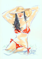 Playboy Artist Doug Sneyd Signed Original Art Sketch Brunette w Hat & Red Bikini picture