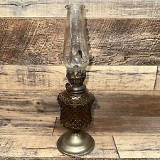 Vintage French Amber Glass Metal Base 10” Oil Lamp Chimney Wick Hobnail Glass picture
