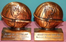 1963 Helium for the Space Age Copper Globe Rocket Bookends National Helium Corp. picture