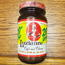 VTG 1953 Luzianne Instant Coffee & Chicory Glass Jar Unopened Full Red Scissor picture