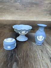 Vintage JTS  Style Blue Jasperware Floral Rose Design and White Cameo 3 Pieces picture