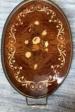 Marquetry Inlaid Wood Serving Tray Brass Trim with Handles Italy 20.5 X 12.5 picture