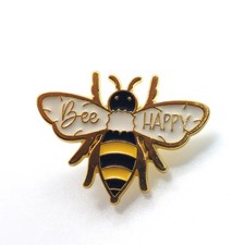 Bee Happy Enamel Pin Bumblebee White Wings Yellow Black Stripes Gold Tone Script picture