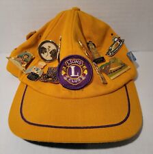 Vintage 1980's Lions Club Distressed Adjustable Hat Gold Purple w/ Pins RARE 1/1 picture