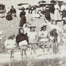 Antique 1896 People On Victorian Swimming Beach UK Stereoview Photo Card P4593 picture