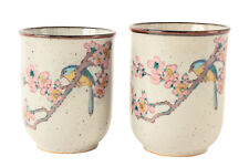 Kutani ware Japanese Ceramic Pair Yunomi Chawan Tea Cup Plum Flowers and Bird picture