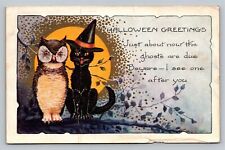 Halloween Greetings Whitney Black Cat w Hat Owl Full Moon VTG EMB c1934 Postcard picture