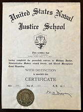 1969 US NAVY JUSTICE SCHOOL CERTIFICATE MILITARY JUSTICE COURSE COMPLETION picture
