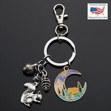 Cabin Camp Fire Deer Forest Pine Cones Tree Squirrel Nut Keychain Key Chain Clip picture