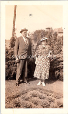 Old B&W Found Photo - 30s 40s - Man & Woman Pose In Garden In Decatur Illinois picture