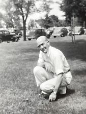 V9 Photograph 1942 Handsome Old Bald Man Posing In Park Grass Old Cars  picture