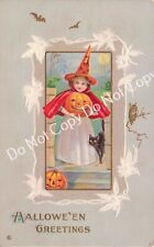 Vintage Halloween Blonde Witch with JOL, Black Cat, Owl & Bats Embossed Postcard picture