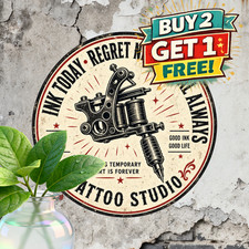 Retro Tattoo Machine Artwork Tin Sign Round 8x8 Body Ink Studio Wall Decor picture