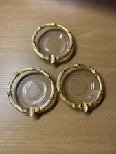 Lot Of 3 Vintage Gold Colored Glass Ashtray Metal Bamboo Trim picture