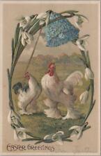 Postcard Easter Greetings Roosters + Chickens Under Blue Flowers  picture