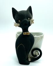 Vintage Lefton Black Cat Matte Rhinestone eyes Gold Adornments spaghetti trim picture