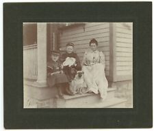 CIRCA 1880'S Rare Large CABINET CARD Mother Children Rabbit & Pug Dog On Porch picture