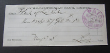 Old 1878 - BANK of LA PORTE - Debit Check Document - San Francisco CA. picture
