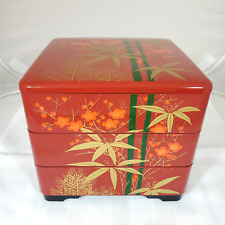 YAMANAKA Red Gold Japanese Bamboo Cherry Blossom Bento Box  Lacquerware 3 tier picture