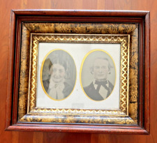 Antique Recessed Walnut Frame Beautiful Gilt Liner 2 Photos Man Woman 12.5 X 14