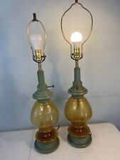 Vintage Amber Glass Wheat Etched Table Lamp Tole Farmhouse Primitive READ picture