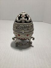 Sankyo Silver Metal Egg Music Box With Cross On Stand, Heavy, Works, Vintage picture