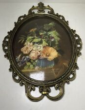 Vintage Ornate Brass Oval Convex  Framed Floral Theme 12”x17” picture
