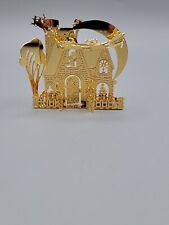 1991 Danbury Mint Santa & Reindeer By House Tree Christmas Ornament Gold Plated  picture